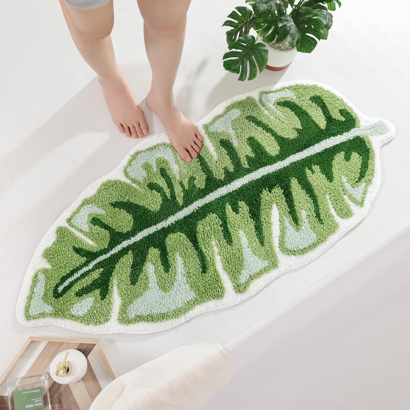 Panstar Green Leaf Bath Mat  Large Banana Leaf Plant Bathroom Runner Rug Non Slip Absorbent Cute Palm Shaped Bathtub Rug Bathroom Plush Shower Rugs (45""X20"") - Image 1