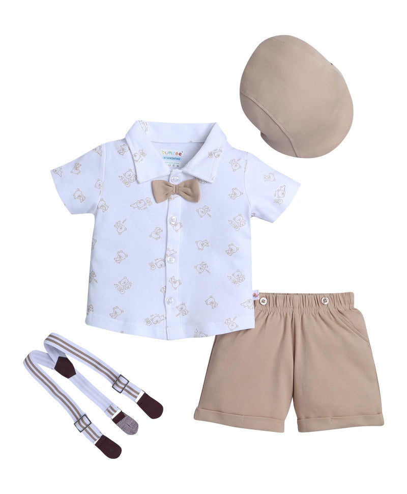 BUMZEE Boys Cotton Half Sleeves Shirt & Short Set With Bow Suspender & Cap White & Beige - 2-3 Years (Peb10529F-wht) - Image 1
