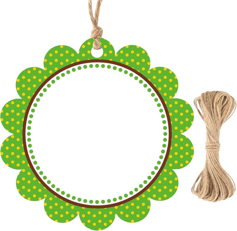 g2plus 50PCS Green Scalloped Gift Tags, 2.5in Round Scalloped Gift Tags with String, Large Blank Paper Hanging Labels Craft Tag with Green and White Polka Dots Edge Design for Arts Crafts Packaging - Image 1