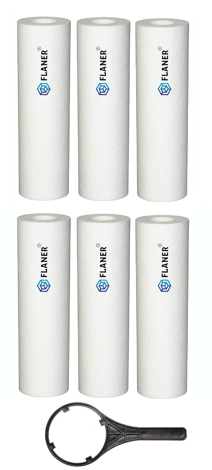 FLANER 6pcs PP Spun Filter 1 Spanner for All Types of RO Water purifiers 10 Inch 5 Micron Ro Housing Sediment Filters Replacement HighDensity Spun Filter Cartridge Pre Filter Candle 6 - Image 1