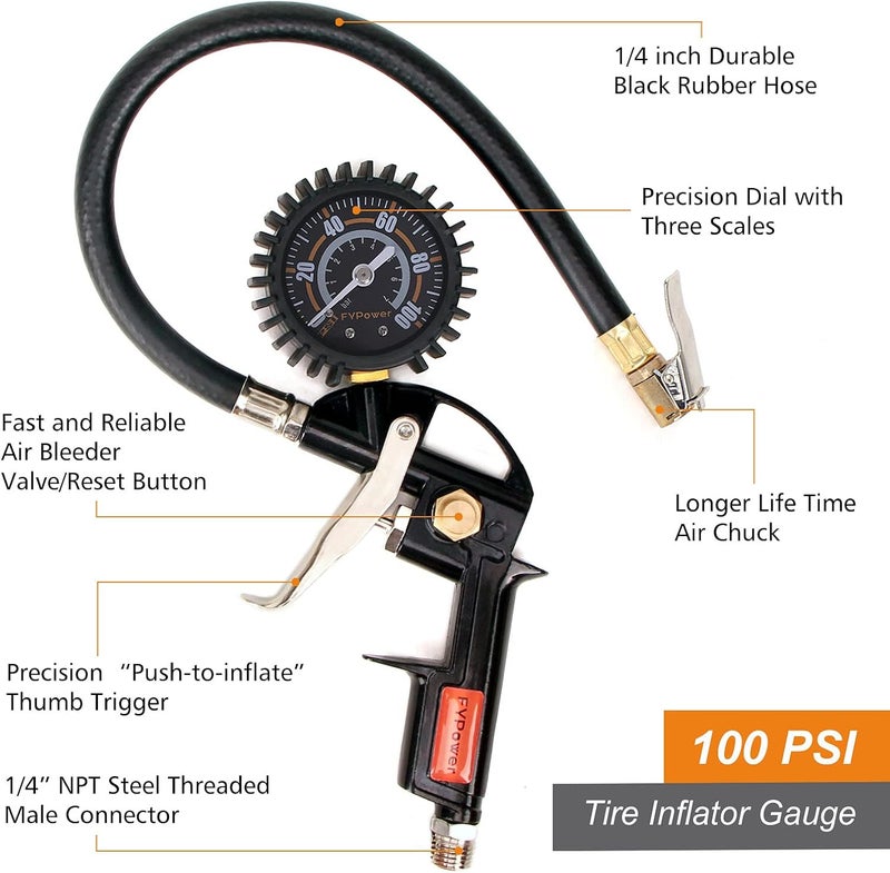 FYPower 22 Pieces Air Compressor Accessories kit, 1/4 inch x 25 ft Recoil Poly Air Compressor Hose Kit, 1/4" NPT Quick Connect Air Fittings, Tire Inflator Gauge, Blow Gun, Swivel Plugs - Image 2