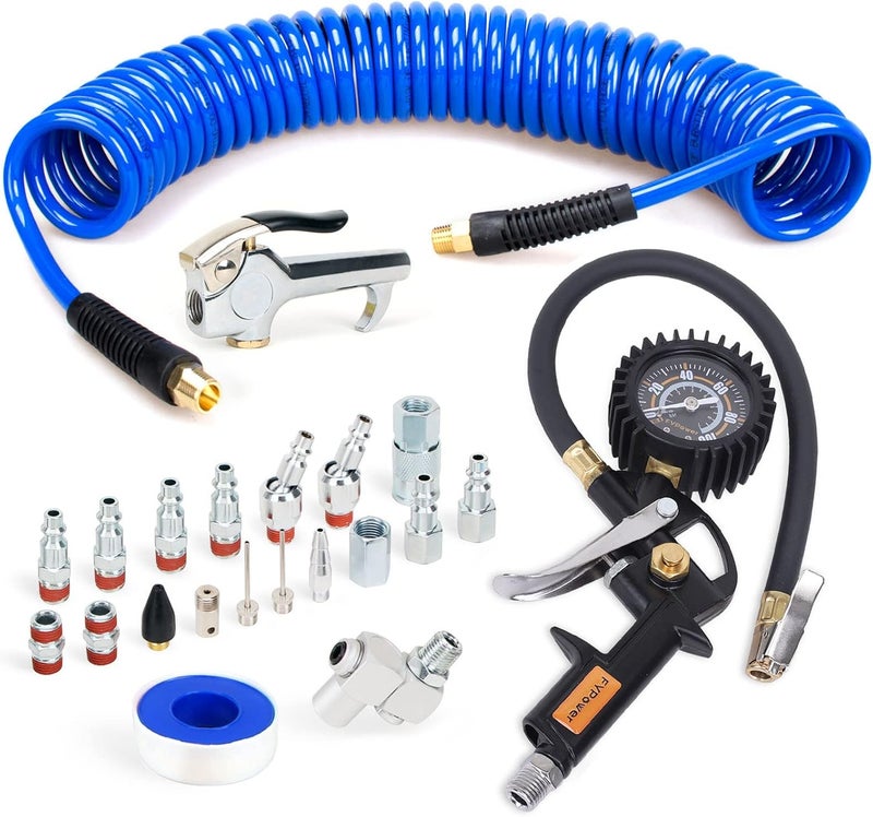 FYPower 22 Pieces Air Compressor Accessories kit, 1/4 inch x 25 ft Recoil Poly Air Compressor Hose Kit, 1/4" NPT Quick Connect Air Fittings, Tire Inflator Gauge, Blow Gun, Swivel Plugs - Image 1