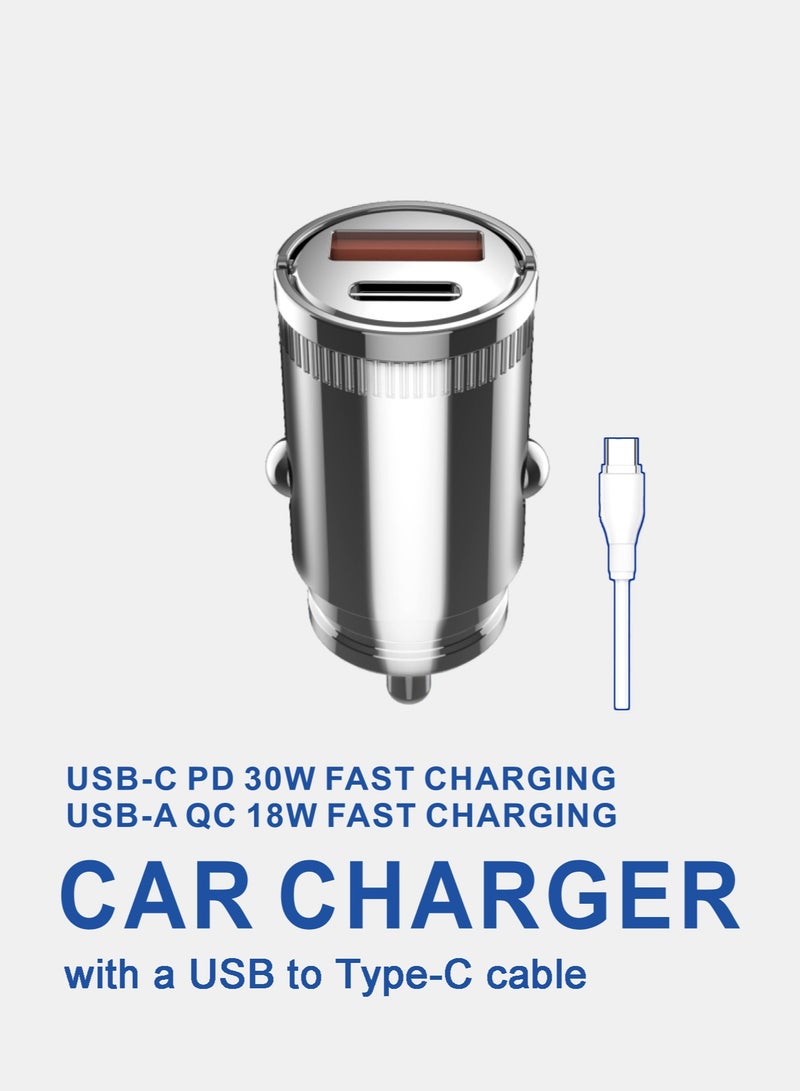 30W Fast Car Charger / Super Mini / Pull-ring Design / All Metal / PD & QC 3.0 / Dark Grey / With Type-C Cable Free - Image 1