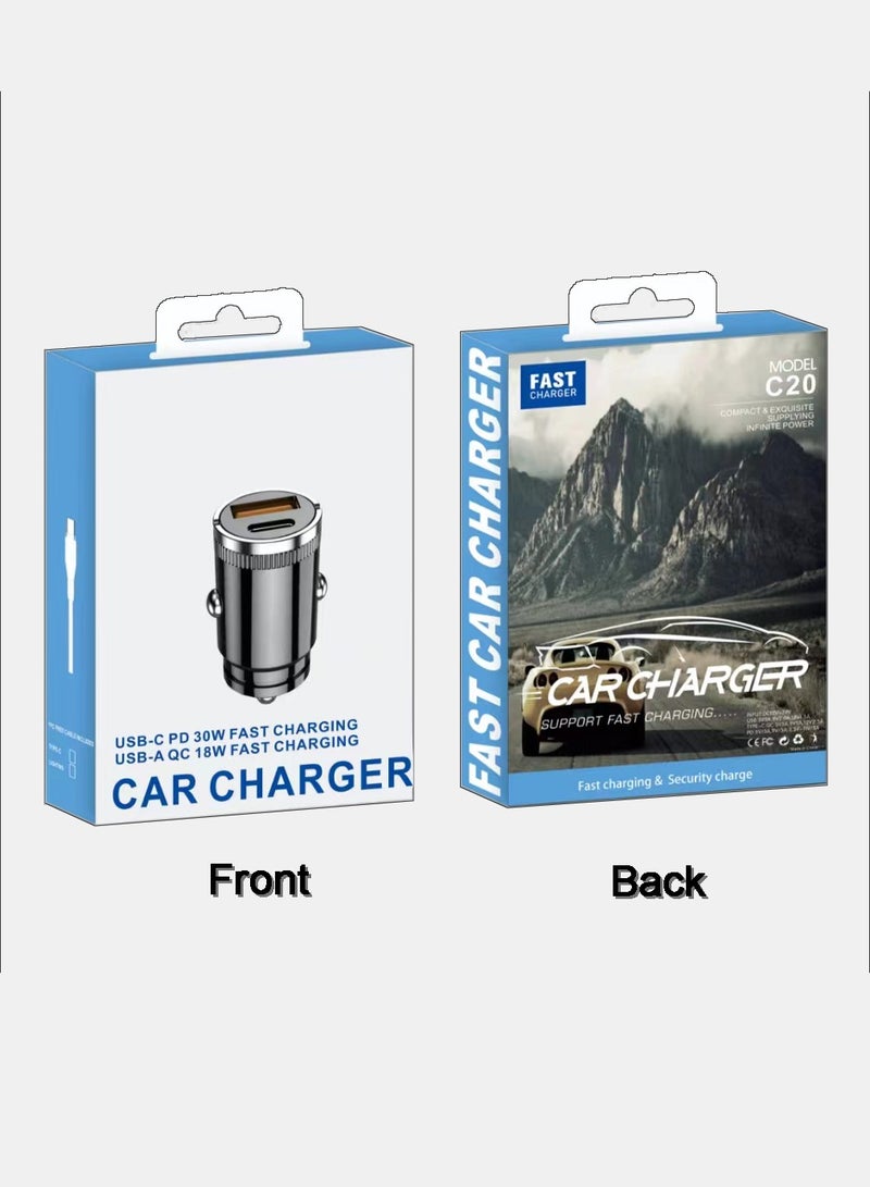 30W Fast Car Charger / Super Mini / Pull-ring Design / All Metal / PD & QC 3.0 / Dark Grey / With Type-C Cable Free - Image 4
