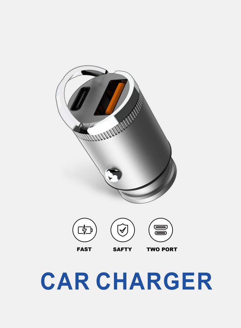 30W Fast Car Charger / Super Mini / Pull-ring Design / All Metal / PD & QC 3.0 / Dark Grey / With Type-C Cable Free - Image 2