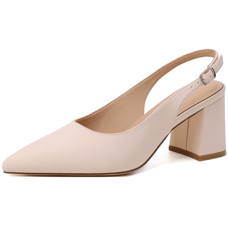 Mostrin Beige Block Slingback Heels for Women Nude Pointed Closed Toe Chunky Heels Office Work Shoes Women's Pumps for Business Casual - Image 1