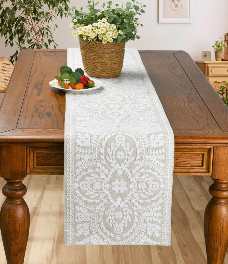 KEVA Boho Table Runner 72inches Long, Farmhouse Linen Table Runner, Rustic Vintage Natural Embroidered Table Runners 13x72 Inch for Dining Table Decorations - Image 4