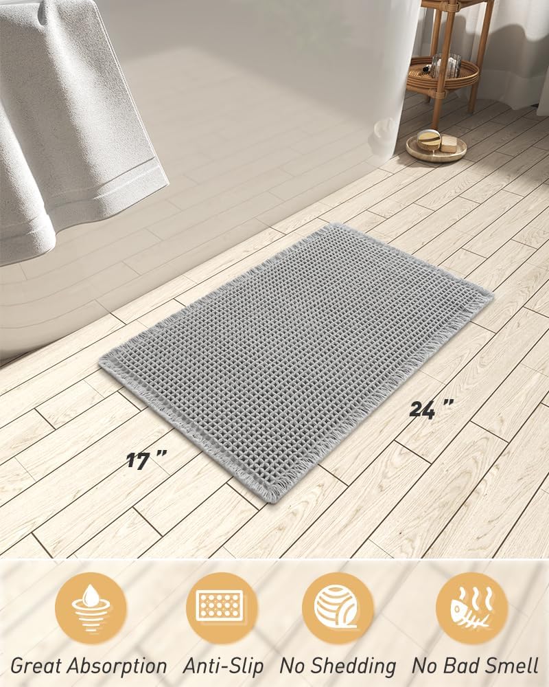 AMOAMI Upgraded Waffle Bath Mat, Super Absorbent Non Slip Bath Mats for Bathroom Floor, Machine Washable Bathroom Rugs with Tassels, Rubber Backed Bathroom Mats, Ultra Soft, 17" x 24", Grey - Image 2