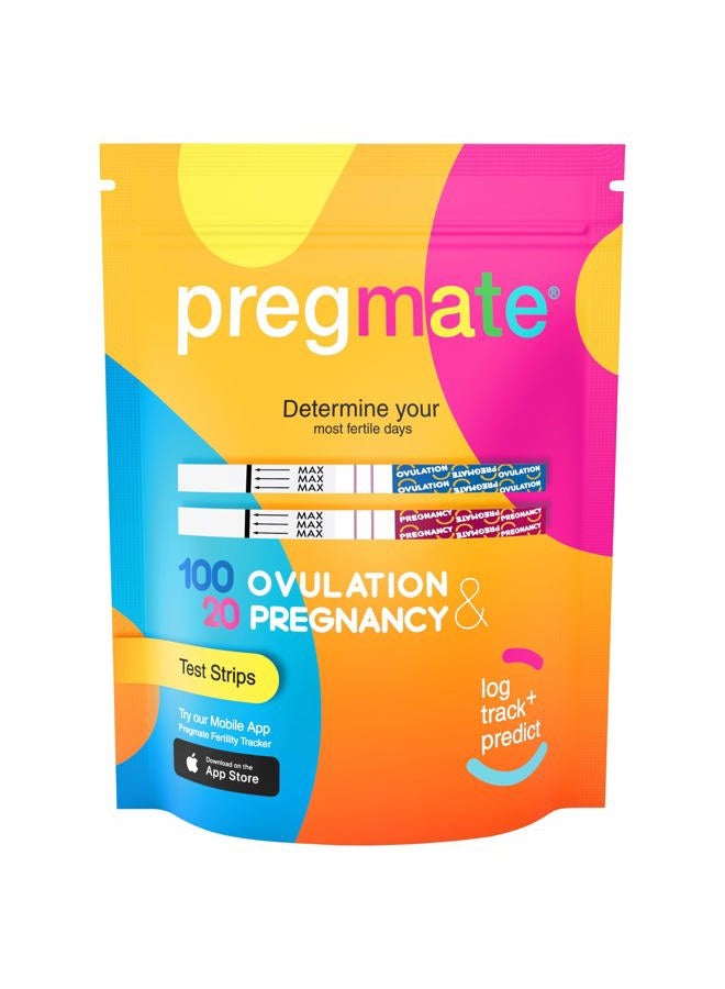 PREGMATE 100 Ovulation LH and 20 Pregnancy HCG Test Strips OPK LH Surge Predictor Kit Combo (100 LH + 20 HCG) - Image 1