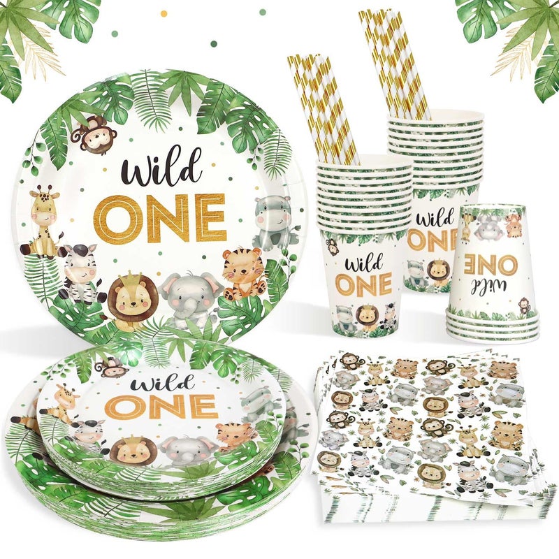 Heboland Wild One Birthday Decorations Plates Set for 25 Guests Boys Safari Jungle Theme Party Decorations Paper Plates Cups Napkins Straws Tableware Wild One Party Supplies