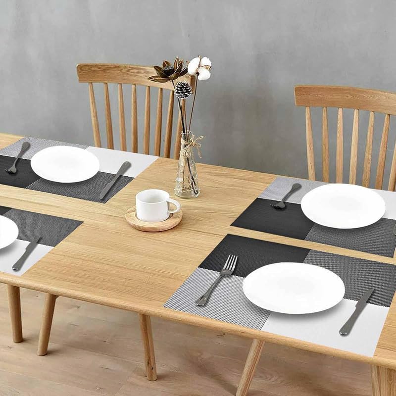 LUCCI Placemats HeatResistant Woven Vinyl Placemat NonSlip Washable PVC Table Mat Easy to Clean Premium Plastic Mats for Dining Kitchen Table Set of 12 Black White - Image 5