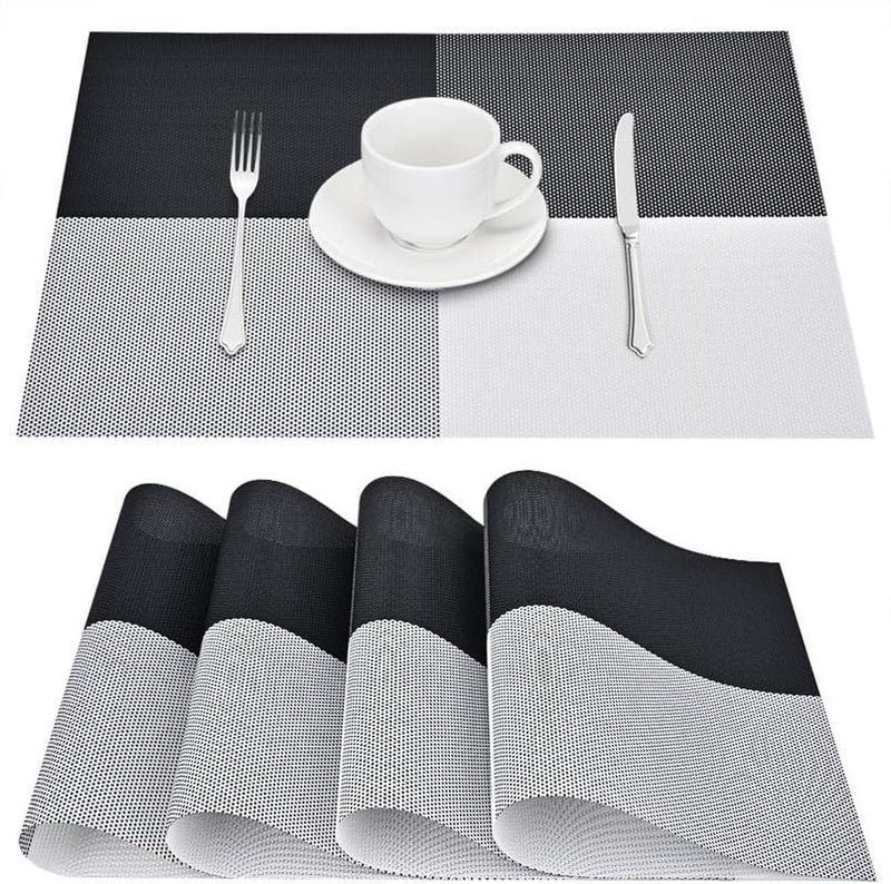LUCCI Placemats HeatResistant Woven Vinyl Placemat NonSlip Washable PVC Table Mat Easy to Clean Premium Plastic Mats for Dining Kitchen Table Set of 12 Black White - Image 1