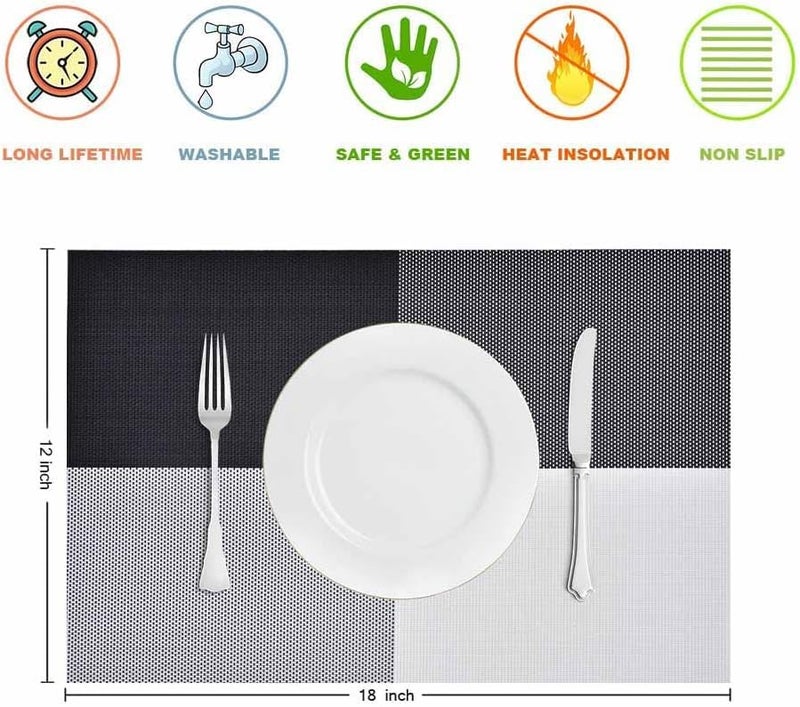 LUCCI Placemats HeatResistant Woven Vinyl Placemat NonSlip Washable PVC Table Mat Easy to Clean Premium Plastic Mats for Dining Kitchen Table Set of 12 Black White - Image 3