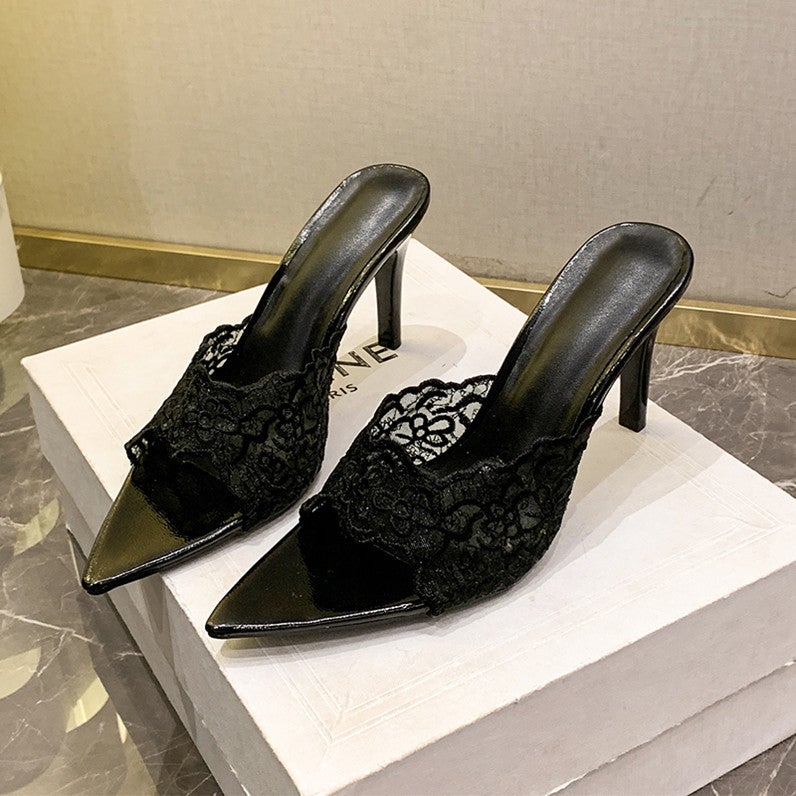 2025 Style Lace Pointed Heel Fish Mouth Fashion Comfortable Outer Wear Set Feet Sandals - Image 1