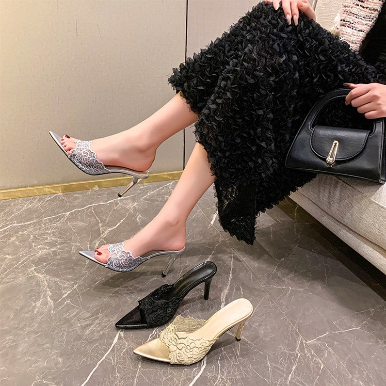 2025 Style Lace Pointed Heel Fish Mouth Fashion Comfortable Outer Wear Set Feet Sandals - Image 2