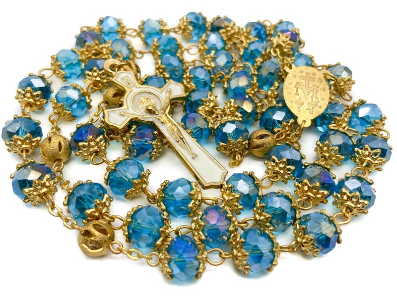 Nazareth Store Nazareth Store Saint Benedict Blue Crystal Beads 10mm Golden Rosary Flowers Beaded Prayer Necklace Miraculous Heart Locket Medal & Cross Religious Women Men Amulet 21"  - Image 1