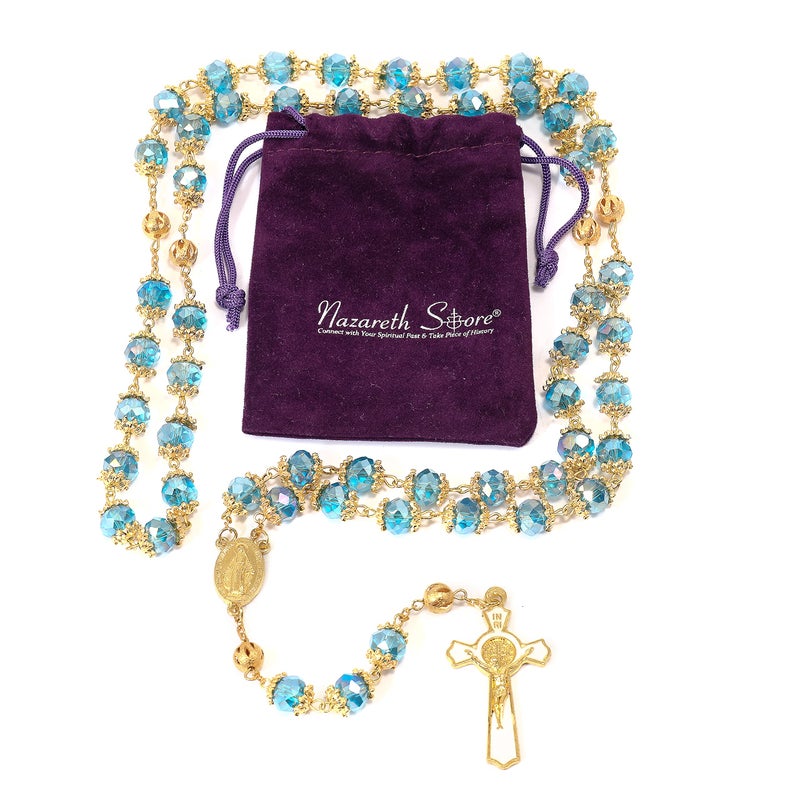Nazareth Store Nazareth Store Saint Benedict Blue Crystal Beads 10mm Golden Rosary Flowers Beaded Prayer Necklace Miraculous Heart Locket Medal & Cross Religious Women Men Amulet 21"  - Image 5