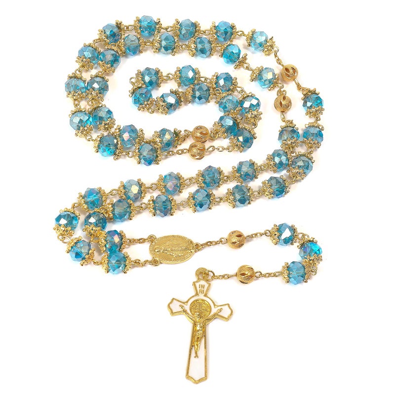 Nazareth Store Nazareth Store Saint Benedict Blue Crystal Beads 10mm Golden Rosary Flowers Beaded Prayer Necklace Miraculous Heart Locket Medal & Cross Religious Women Men Amulet 21"  - Image 4