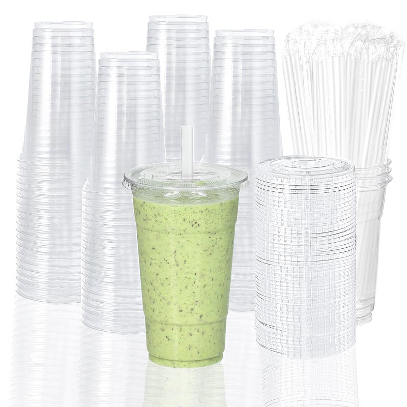 TashiBox 100 sets 24 oz plastic cups with flat lids and straws smoothie cups with lids and straws meal prep plastic large cup clear crystal disposable iced coffee cup with lids