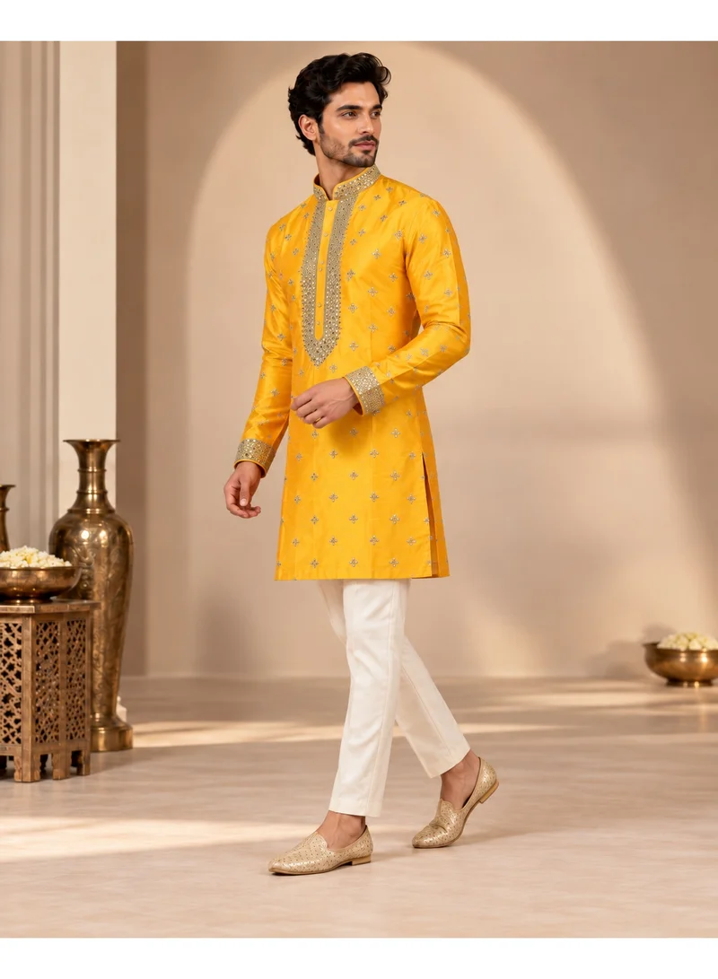 Lehar Mustard Yellow Embellished Kurta with Ivory Straight Pants Set
