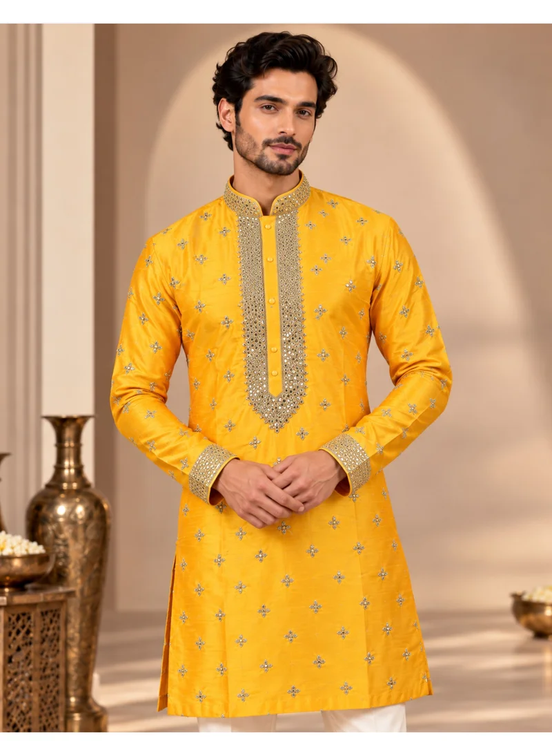 Lehar Mustard Yellow Embellished Kurta with Ivory Straight Pants Set