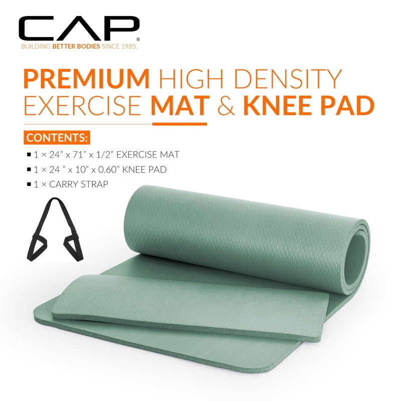 CAP Barbell High Density Exercise Yoga Mat with strap and Knee Pad 71"x24"x1/2" Sage Green - Image 2
