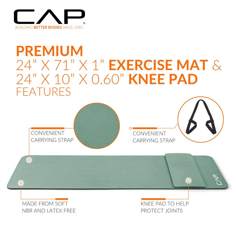 CAP Barbell High Density Exercise Yoga Mat with strap and Knee Pad 71"x24"x1/2" Sage Green - Image 3