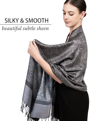 Achillea Two Tone Vintage Jacquard Paisley Pashmina Shawl Wrap Scarf (Dark Grey) - Image 4