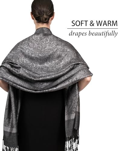Achillea Two Tone Vintage Jacquard Paisley Pashmina Shawl Wrap Scarf (Dark Grey) - Image 5