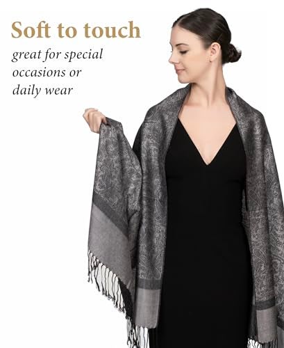 Achillea Two Tone Vintage Jacquard Paisley Pashmina Shawl Wrap Scarf (Dark Grey) - Image 2