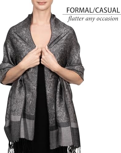 Achillea Two Tone Vintage Jacquard Paisley Pashmina Shawl Wrap Scarf (Dark Grey) - Image 3
