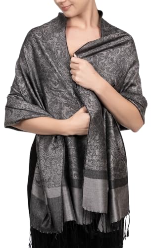 Achillea Two Tone Vintage Jacquard Paisley Pashmina Shawl Wrap Scarf (Dark Grey) - Image 1