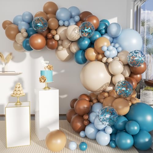 MEBAY Boho Brown and Blue Balloon Garland Arch Kit 156Pcs Light Ocean Blue Caramel Brown White Sand Nude Balloons for Birthday Gender Reveal Baby Bridal Shower Wedding Party - Image 1