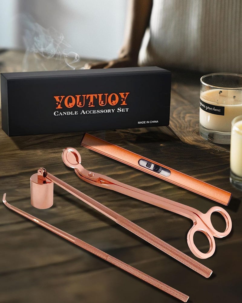 YOUTUOY 4 in1 Candle Accessory Set with Rechargeable Candle Lighter, Candle Wick Trimmer, Candle Wick Snuffer, Candle Wick Dipper, Candle Care Kit (Rose Gold) - Image 2