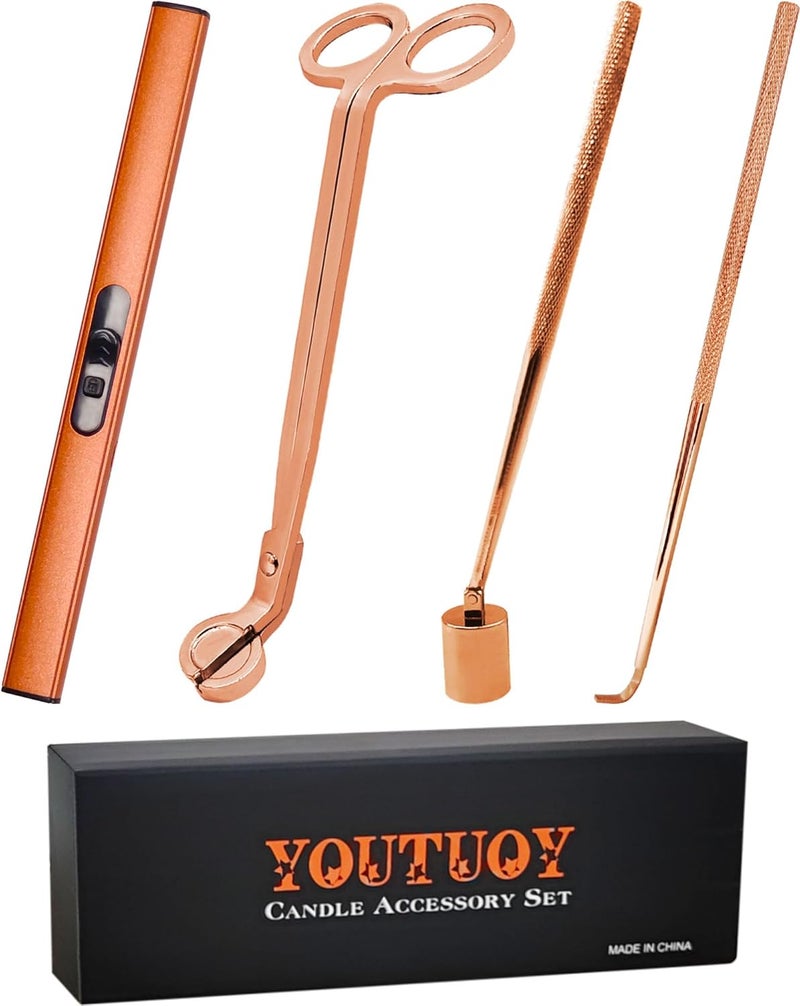 YOUTUOY 4 in1 Candle Accessory Set with Rechargeable Candle Lighter, Candle Wick Trimmer, Candle Wick Snuffer, Candle Wick Dipper, Candle Care Kit (Rose Gold) - Image 1