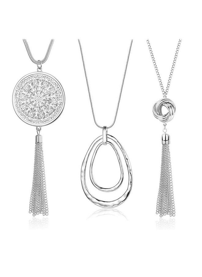 SEVENSTONE - 3Pcs Long Pendant Necklaces For Women Knot Disk Circle Tassel Statement Sweater Silver Necklace Set - Image 1