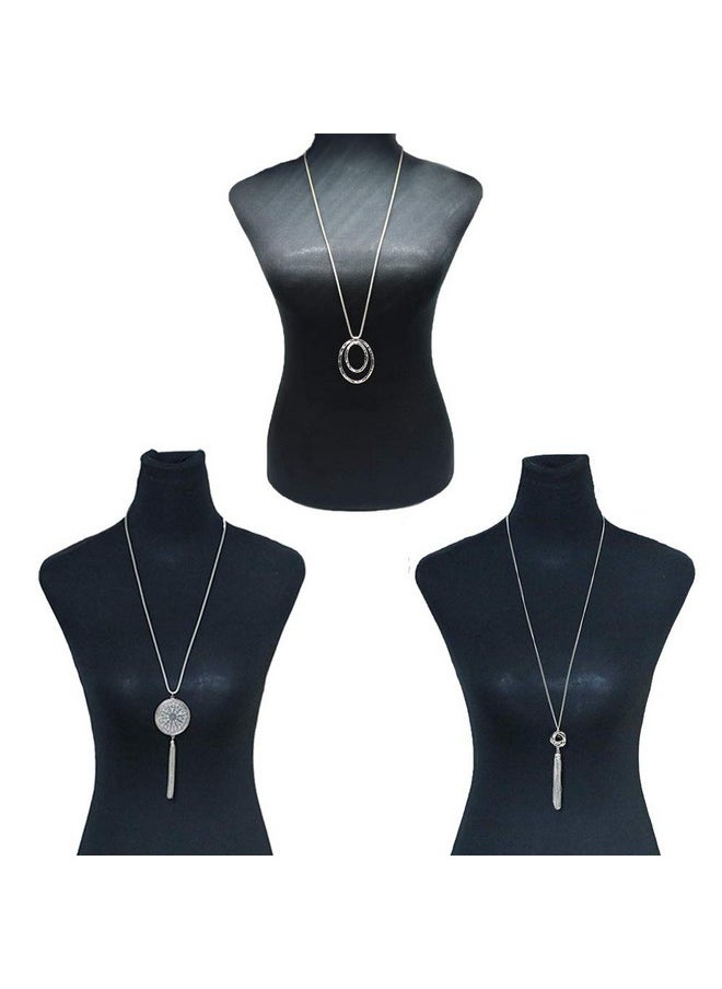 SEVENSTONE - 3Pcs Long Pendant Necklaces For Women Knot Disk Circle Tassel Statement Sweater Silver Necklace Set - Image 1