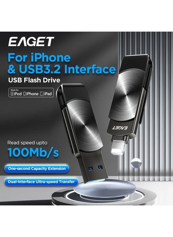Eaget 128GB وحدة تخزين فلاش مزدوجة الواجهة USB 3.2 للآيفون والآيباد وماك والكمبيوتر نقل بيانات عالي السرعة تخزين خارجي أسود - Image 2