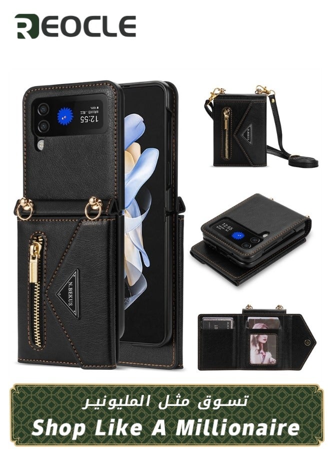 REOCLE Zipper Wallet Purse for Samsung Galaxy Z Flip 3 Crossbody Case with Credit Card Holder Strap Lanyard Women Kickstand Flip Leather Phone Cover for Z Flip 3 - Image 1