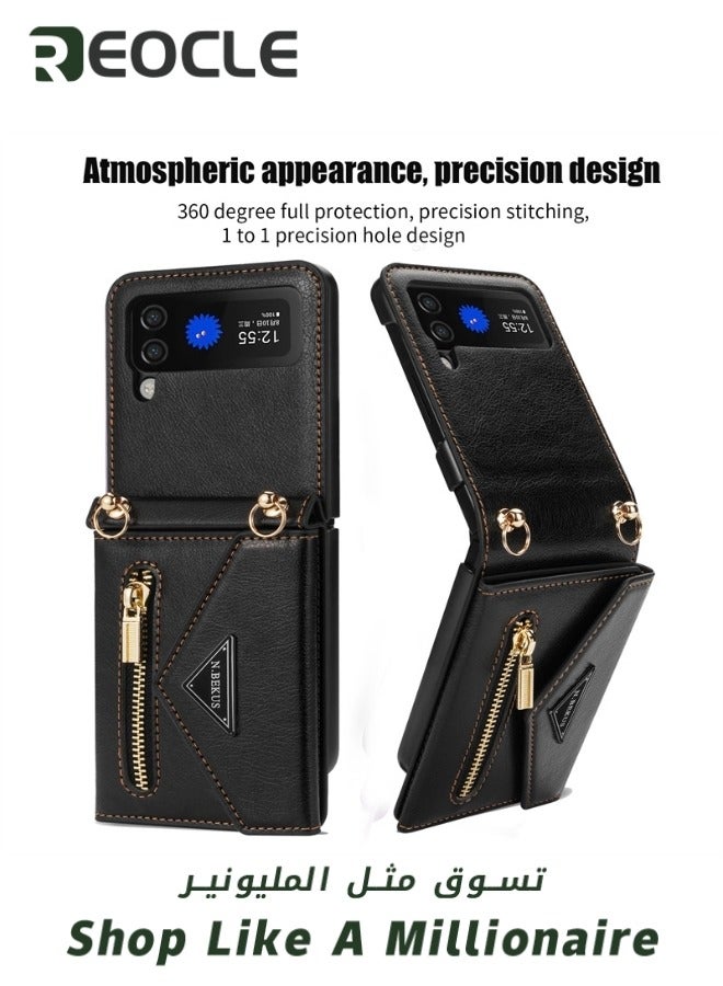 REOCLE Zipper Wallet Purse for Samsung Galaxy Z Flip 3 Crossbody Case with Credit Card Holder Strap Lanyard Women Kickstand Flip Leather Phone Cover for Z Flip 3 - Image 3