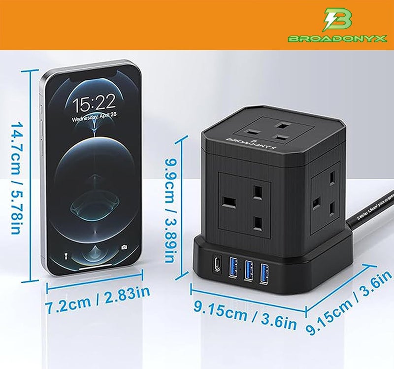BROADONYX Extension cord cube with 5M Pure Copper Cable 13A 3250W Heavy Duty Power Strip 5 AC Outlets 3 USB-A & 1 USB-C Fast Charging Multi-Plug Socket for Home Office & Appliances - Image 3
