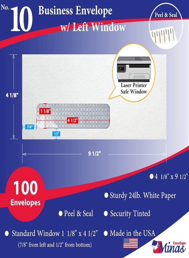 Minas Envelope 100 Minas Envelope - #10 Business Envelope, 4 1/8 X 9 1/2, Laser/Inkjet Compatible Left Window, Peel & Seal, Security-Tinted, 24lb. White, 100 Count - Image 2