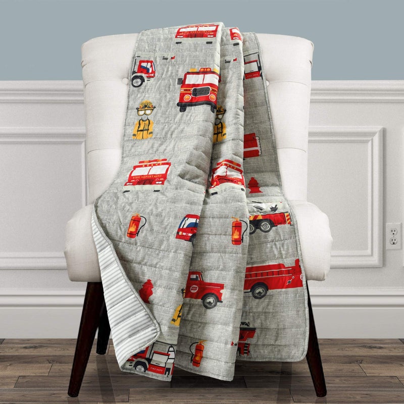 Lush Decor Lush Decor Fire Truck Throw Blanket Red  Gray 50 W x 60 L  Toddler Blanket  Reversible Stripe Print Quilted Throw for Kids Room 