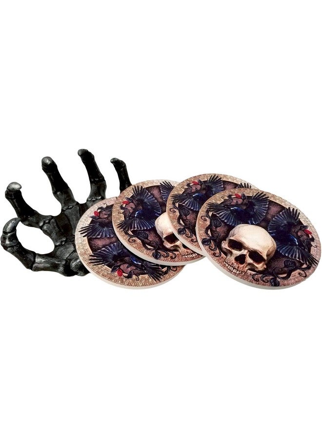 DWK - Helping Hand - Beautiful Gothic Skull Beverage Coasters with Creepy Skeleton Hand Holder for Halloween Home Kitchen Dining and Bar Décor Accent, 5.5-inch - Image 2
