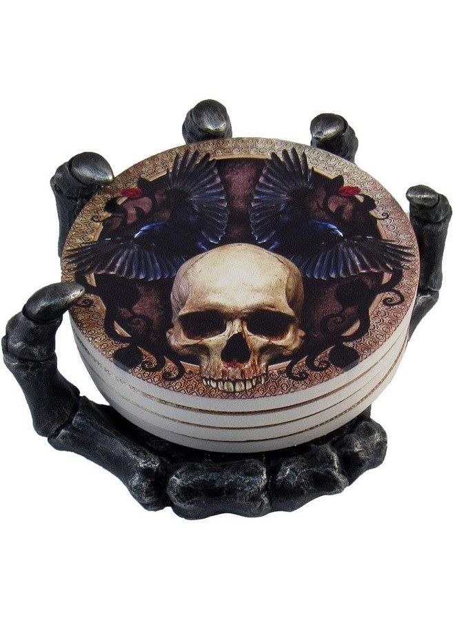 DWK - Helping Hand - Beautiful Gothic Skull Beverage Coasters with Creepy Skeleton Hand Holder for Halloween Home Kitchen Dining and Bar Décor Accent, 5.5-inch - Image 1