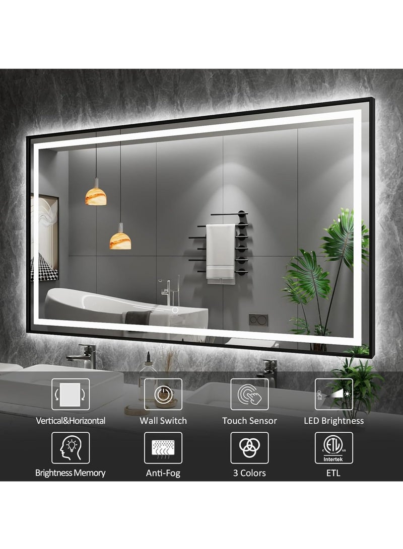 فيبارتي مرآة حمام بإطار LED - مرآة زينة مضاءة مضادة للضباب وقابلة للتعتيم مع إطار من الألومنيوم الأسود، 3 درجات حرارة ألوان، سطوع قابل للتعديل، مستشعر باللمس، مفتاح حائط، زجاج مقاوم للكسر، إضاءة أمامية وخلفية، 120 × 75 سم  - Image 2