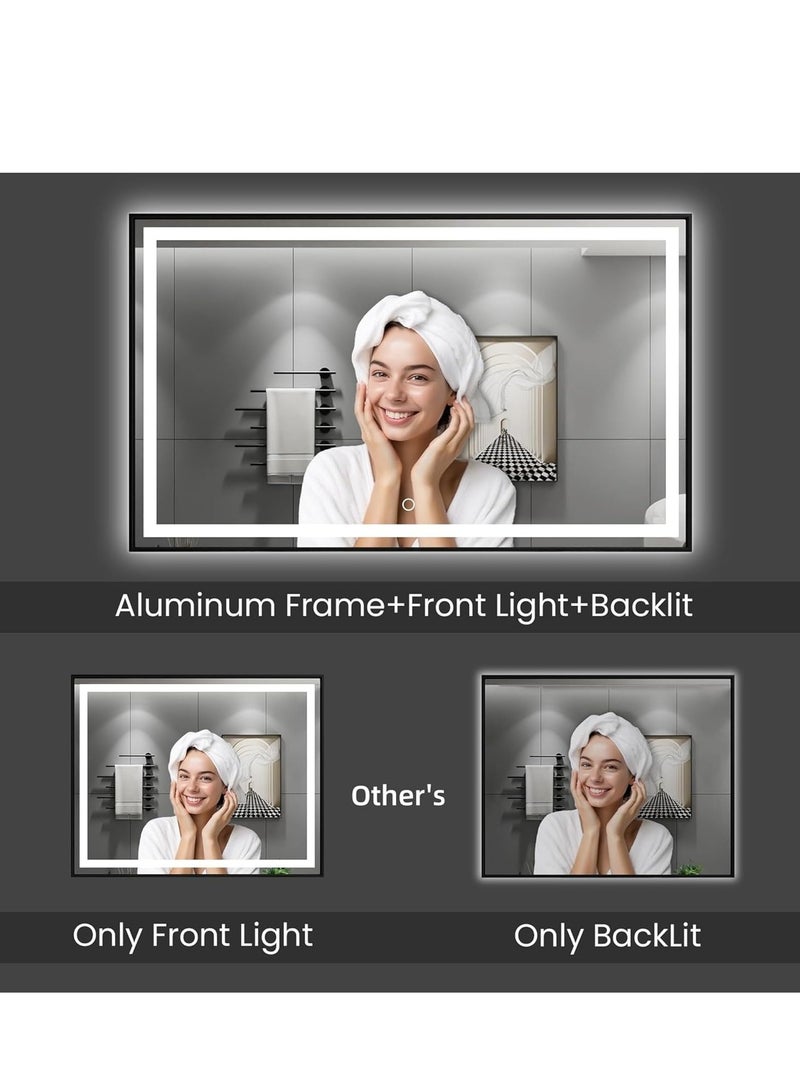 فيبارتي مرآة حمام بإطار LED - مرآة زينة مضاءة مضادة للضباب وقابلة للتعتيم مع إطار من الألومنيوم الأسود، 3 درجات حرارة ألوان، سطوع قابل للتعديل، مستشعر باللمس، مفتاح حائط، زجاج مقاوم للكسر، إضاءة أمامية وخلفية، 120 × 75 سم  - Image 5