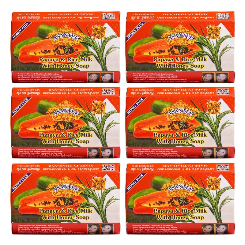 ASANTEE Papaya & Rice Milk with Honey Cleansing Soap 125 Grams (6-Pack)