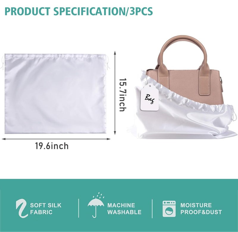 AOFEGRLT 3 Pack Dust Bags for Handbags, Drawstring Purse Dust Bags, Silk Cotton Purse Covers Shoe Storage Bag(White, M-19.6 × 15.7 in) - Image 2