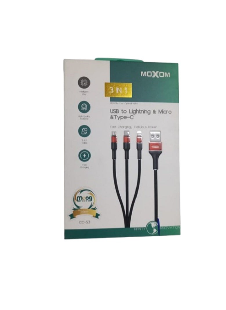 MOXOM Moxom 3-in-1 USB-to-Lighting and Micro and Type C Charging Cable in Red/Black is the ultimate solution for all your charging needs.  - Image 1